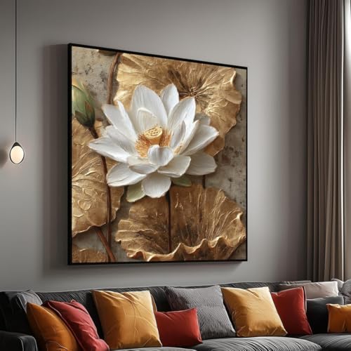 Tableau sur toile fleur de lotus blanche d'exception cadre en bois de 70cm