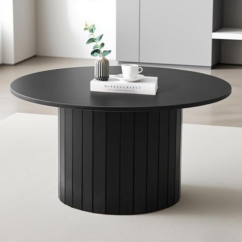 Mesa de centro redonda de ratán de mediados de siglo, moderna mesa de sala de estar de madera de diseño negro con almacenamiento para espacio pequeño