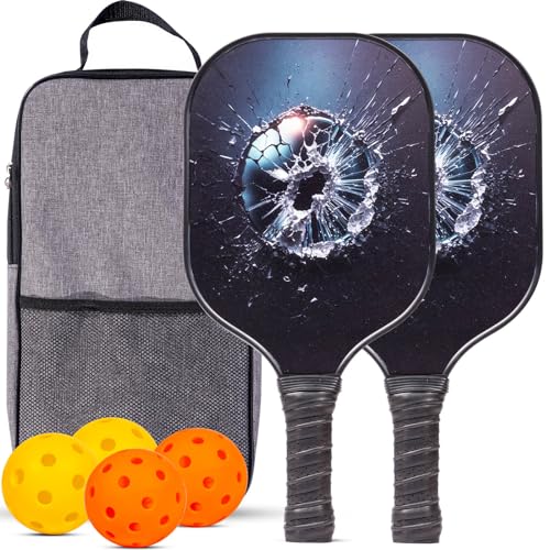OHAHO Pickleball Paddles, Pickle Ball Set with 2 Rackets 4 Pickle Balls, Non-Slip Grip Fiberglass Surface Pickleball for Men Women (Black)