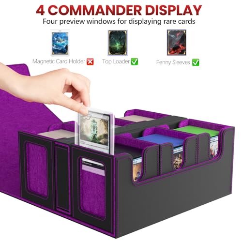 Image of Gomyrod Card Deck Box for MTG with Commander Display, 7 In 1 Card Storage Box Fits 600+ Double-sleeved Cards, Removable MTG Deck Case Fit for TCG /Sports /Baseball Cards with Dice Tray (Black & Purple)