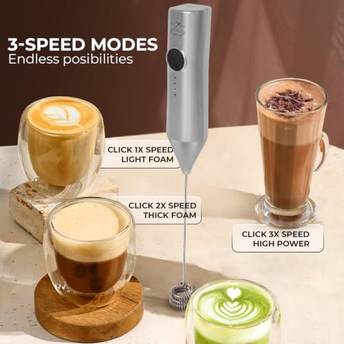 Image of Zulay Kitchen Rechargeable Milk Frother Handheld - Frother Wand, Drink Mixer, Electric Whisk Frother, for Cappuccinos, Matcha & Protein Powder - Dynamic Triple Whisk, 3 Speed 500mAh Silver