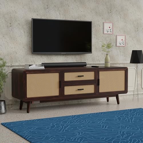 DRIFTINGWOOD Amber Solid Sheesham Wood Modern Rattan TV Console for Upto 65 Inch TV, Boho Entertainment Center with 4 Storage Compartments (2 Drawers, 2 Cabinets), Walnut Finish
