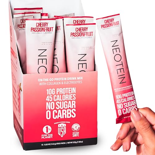 NEOTEIN: Electrolyte Powder Packets, Protein Powder with 10g Protein & Collagen | Hydration Packets - Zero Sugar, NO Fillers, NO Carbs | Cherry Passionfruit | 45 Calories | Keto & Paleo | Pack of 15