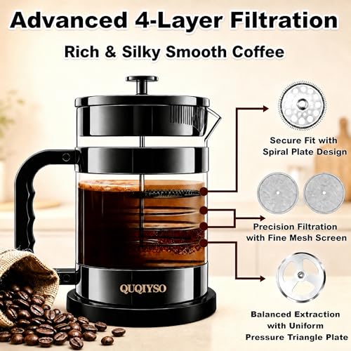 Image of QUQIYSO French Press Coffee Maker 51oz, Large French Press, Thickened Glass | Borosilicate Glass Plastic Free Coffee Maker, Easy to Clean,4 Filter, Coffee Press Suitable for Kitchen Party(Dark Pewter)