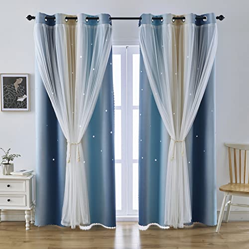 Indistar Star Blackout Curtains For Girls Kids Bedroom, Colourful Stripe Window Curtain Panels, 2 Layer Lace Drapes, Room Darkening Curtain For Living Room Decor, 2 Panels (Blue W52 X L63 Inch #TOP1