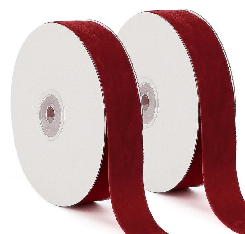 2 Rolls Wine Red Velvet Ribbon, 2cm x 10M Thick Fabric Gift Wrap Ribbons, Single-Sided Soft Luxury Velvet Ribbon for Gift Crafting, Balloons, Bouquets, Wedding Decor, Halloween & Christmas