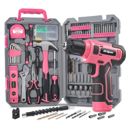 Hi-Spec Pink Tool Set with 8V Drill Set. Complete Cordless & Rechargeable USB Electric Drill Driver Kit for Women Home DIY Repair & Maintenance in a Compact Toolbox.