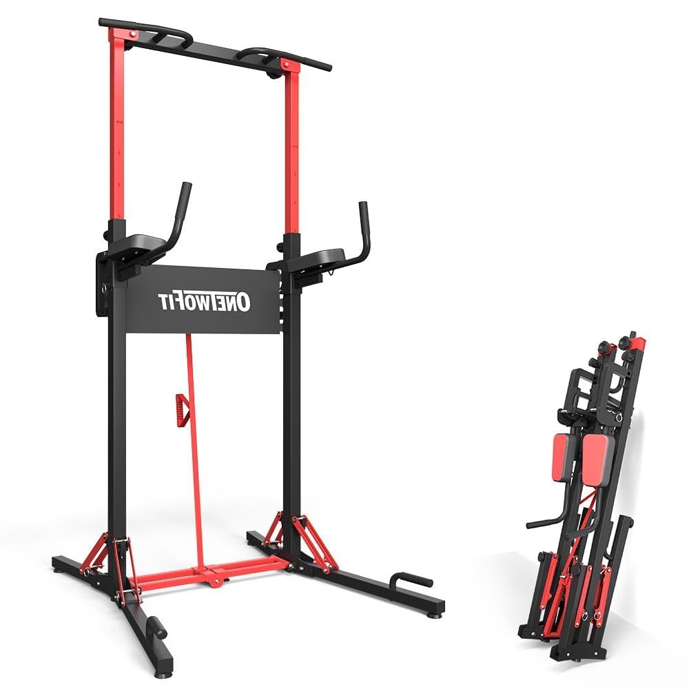 ONETWOFIT Foldable Power Tower Pull Up Bar Station Multi-Function Adjustable Height Pull Up Dip Station for Gym Workout