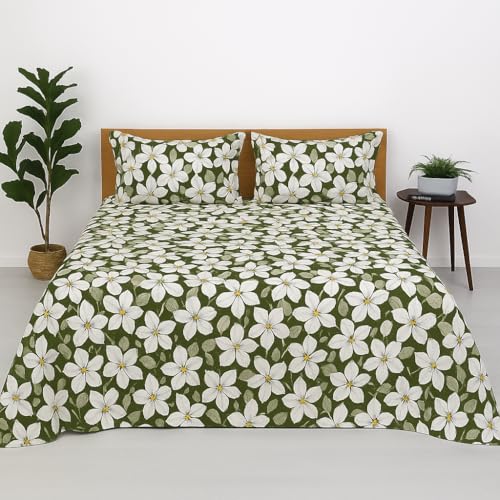 Image of White Flower Double Bed Sheet Set - 100% Cotton, 144 TC Flat Chadar with 2 Pillow Covers - Soft, Breathable & Durable Bedsheet - 90x100 Inch