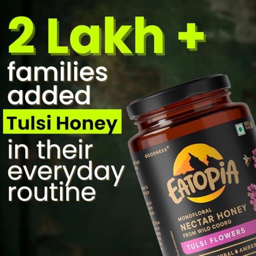 Image of Eatopia Tulsi Honey 1 kg | Natural Ayurvedic Immunity Booster | Helps in Curing Cough & Cold | No Refined Sugar | 100% Natural & Pure Honey | Rich in Antioxidants | Monofloral Nectar Honey from Wild Coorg | Pack of 2 with 500g Serving each