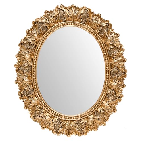 JANDERART Small Oval Vintage Mirror 12.5x10.5 Inch, Antique Ornate Decorative Mirror for Desk & Wall, Vanity Mirror for Makeup, Gold