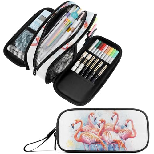 Image of Fustylead Watercolor Groups Of Flamingos Large Pencil Pen Case Stationery Bag 3 Compartments School College Office Organizer