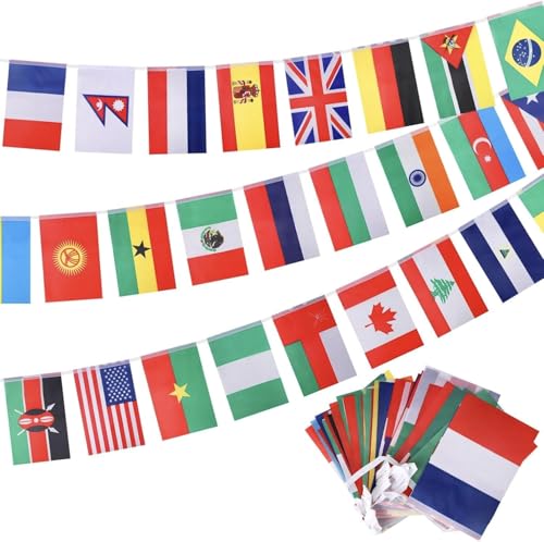 Huniee 13M Guirlande de Drapeaux du Monde de 50 Pays, Bannière Fanion pour Décoration Bar Clubs Party Fêtes Coupe du Monde Euro Football Match Spotif (21 ×...