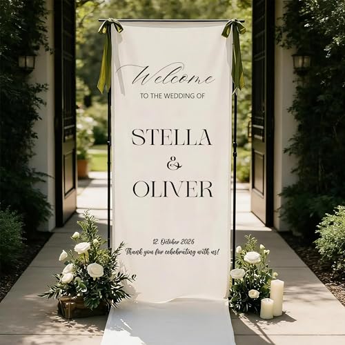 Custom Linen Wedding Welcome Sign with Photo Names and Date Personalized Fabric Banner for Ceremony Entrance Decor Wedding Reception Decorations Outdoor Rustic Wedding Style
