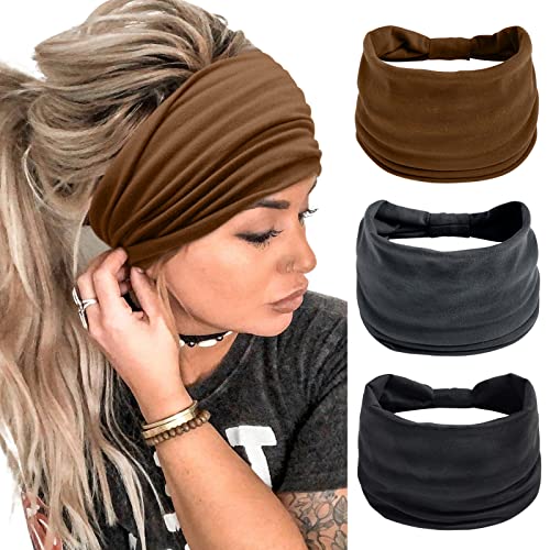 Tobeffect Wide Headbands for Women Knotted Head Bands for Womenâs Hair African Spa Workout Sports Headband Non Slip Hairband Thick Elastic Fashion Turban Solid Color, 3 Packs