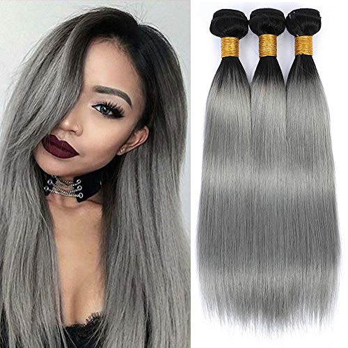 Shimuwig Straight Hair Bundle Ombre Grey Hair Extensions Remy Hair 3 Bundles Straight Hair Extensions Weave Natural Black 3 Bundle Grade 8a Hair Bundles 20 22 24 inch