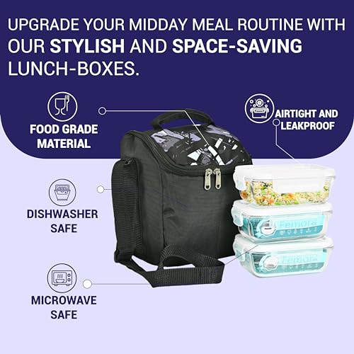 Image of Femora Borosilicate Glass Container Lunch Box with Bag for Office, School, Black, Rectangular, 400 ML, 620 ML (3 Container+ 1 Bag)