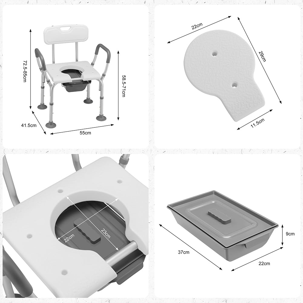 BAKAJI Sedia Sgabello WC da Bagno Doccia in Alluminio per Anziani, Disabili e Persone Mobilità Ridotta, Seduta Ergonomica e Maniglie di Ausilio, Secchio Coperchio Rimovibile Altezza Regolabile 73–85cm