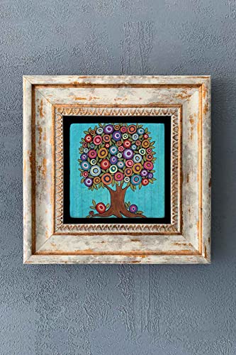 Renkli Hayat Ağacı Çerçeveli Taş Tablo 20x20 cm-Wall Decor Oscar Stone Decor
