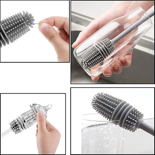 Image of Long Handle Silicone Bottle Cleaning Brush for Baby Bottles, Water Bottles, Vases, Glasses & More - Flexible Bottle Cleaner for Home & Kitchen Use