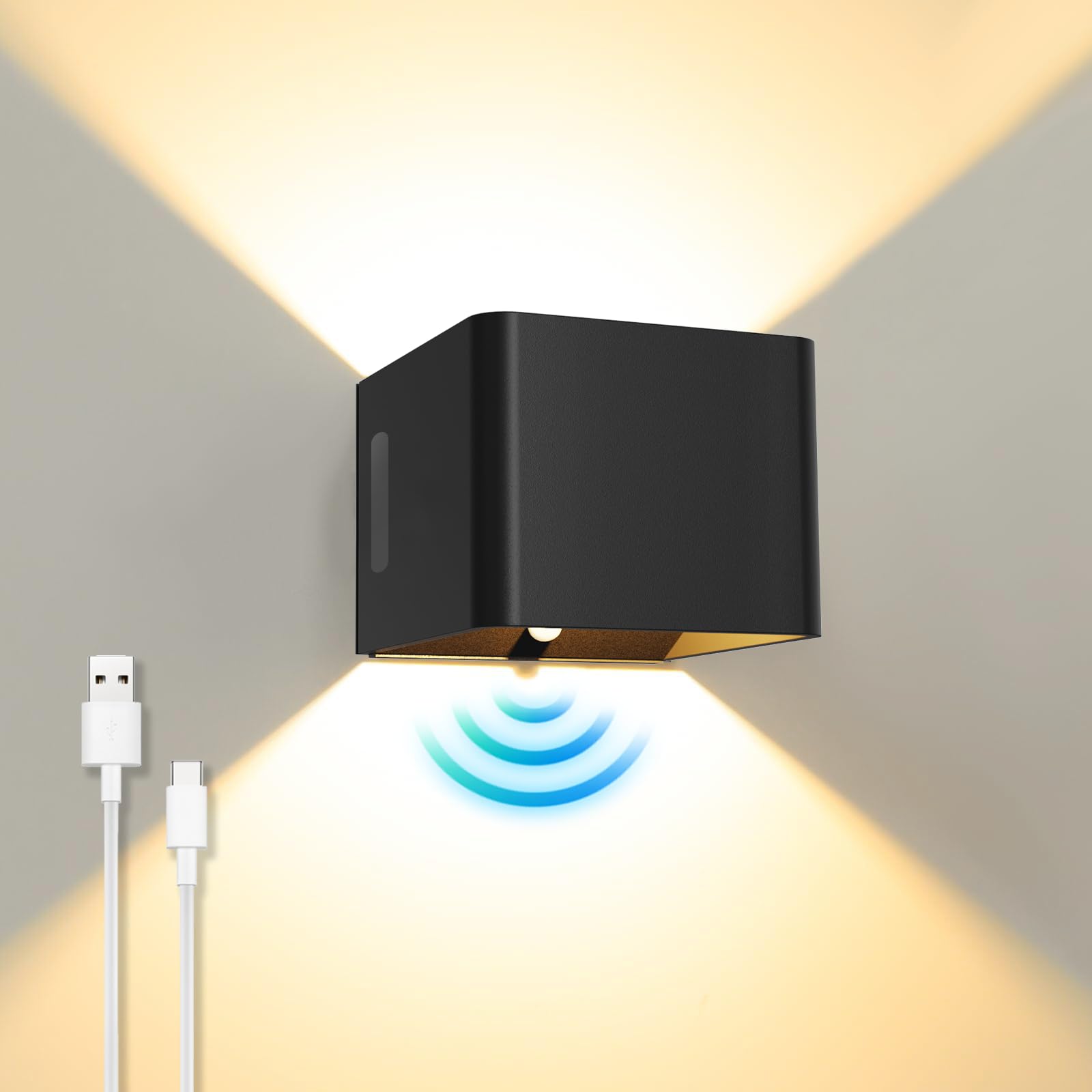 ACMHNC Aplique de Pared Interior con Sensor de Movimiento,5W LED Lámpara de Pared sin cable, Lampara de Pared Magnetica USB Recargable con Interruptor, Blanco cálido, Lámpara de Pasillo,Negro