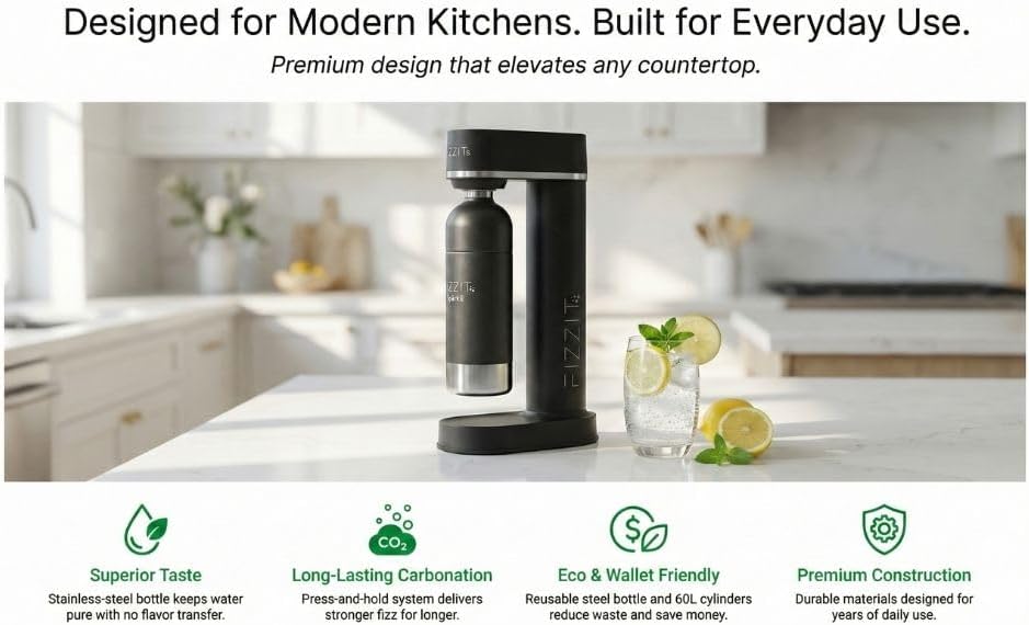 Miniatura 5 de Fizzit Spärklï - Máquina de soda carbonatada con botella de acero inoxidable incluida, apta para lavavajillas (negro espárkli)