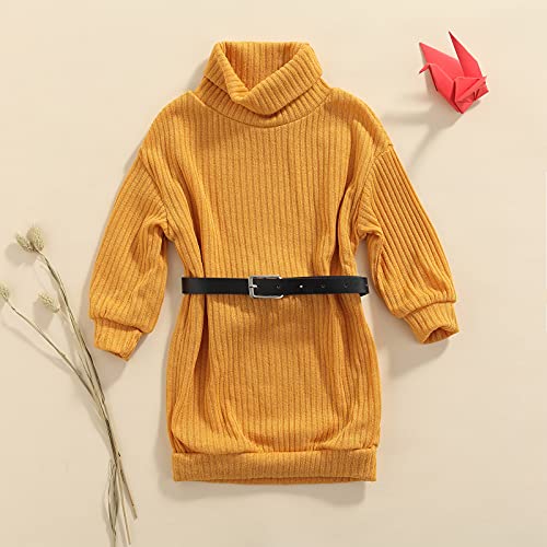 Rsrzrcj Kids Toddler Baby Girl Fall Winter Clothes Solid Long Sleeve Turtleneck Knit Sweater Dress Knitted Pullover Dresses (Knit+Yellow, 5-6 Years) #TOP1
