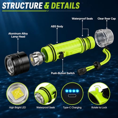 Linterna de buceo recargable portátil para evitar la oscuridad en uso subacuático 6
