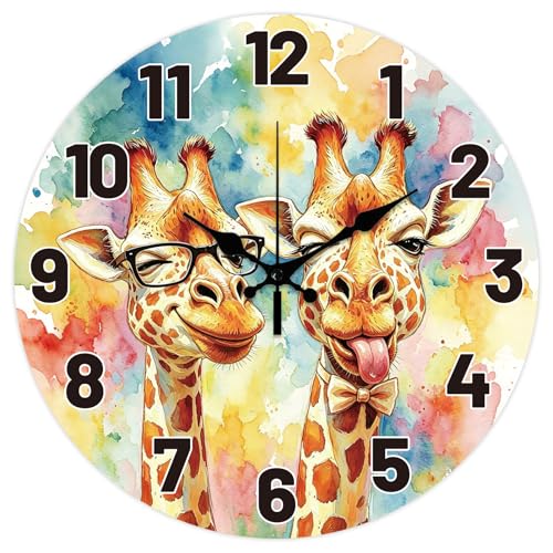 a twelve inch round wall clock with a watercolor giraffe printed on the face