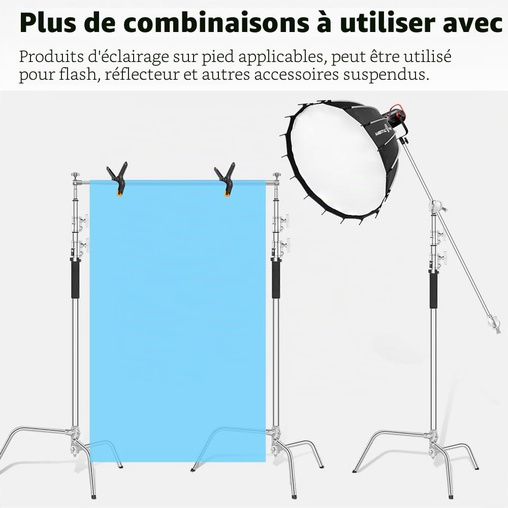 AMBITFUL Support en Forme de C Robuste en Acier Inoxydable avec Perche – Hauteur maximale 320 cm – Support d'éclairage de Photographie avec Bras de Maintien de 128 cm, 2 têtes de préhension