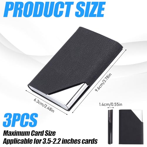 3 Pcs Black PU Leather Business Card Case with Magnetic Closure, Stainless Steel Business Card Holder, Business Card Wallet for Women Men (Black)2