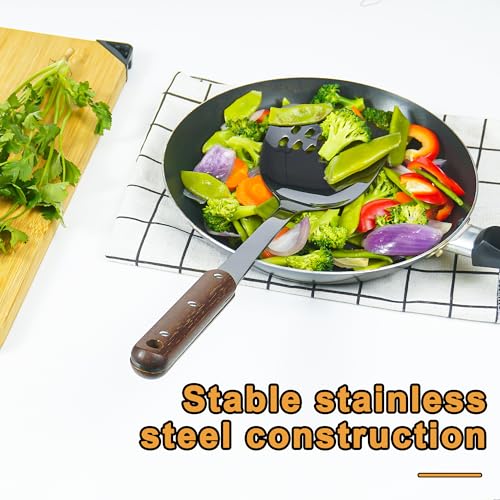 FJNATINH Stainless Steel Wok Spatula,Ladle,Skimmer Ladle Tool Set,Mirror Polished Cooking Utensils with Wooden Handle,Easy to Clean Wok Accessories,Black 3 PCS - Thumbnail 5