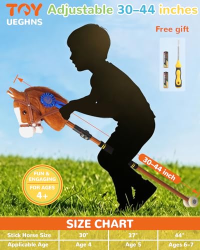 Image of Stick Horse, Hobby Horse on a Stick for Kids Ages 4-12 Adjustable 30-52 inch with Illuminated Silent Wheels Comfortable Sponge Wrapped complimentary AA Batteries Realistic Horse neighs.