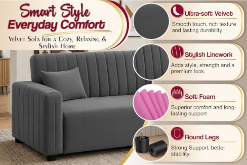 Image of Modern 3 Seater Sofa | Vertical Channel Tufted Backrest & Armrests | Plush Cushioned Seating | Contemporary Upholstered Couch for Living Room, Bedroom & Office - Grey Color