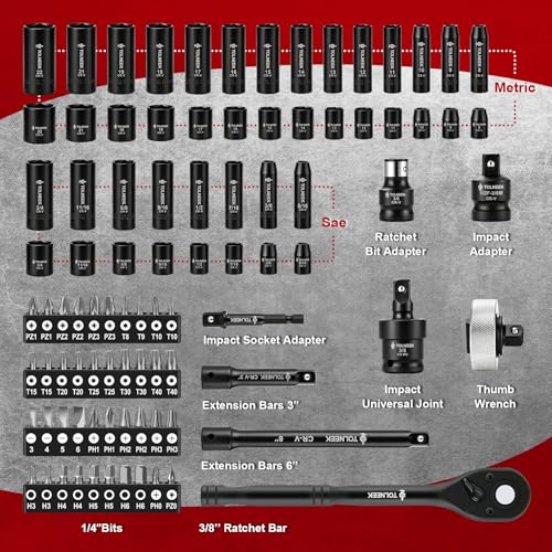 3/8 impact socket wrench set, 92PCS 6-Point (5/16" to 3/4“,8mm to 22mm), Cr-Mo, with Adapters, Quick Release Ratchet, Palm Ratchet Kit,Extension Bar & Storage Case — view 2