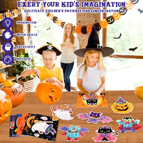 Image of Lonfliness 8PCS Poke Craft Kit Halloween No-Mess Fabric Sewing Art Puzzle Puncture Painting Bat Pumpkin Ghost Halloween Creative Activity Game Birthday Party Favors