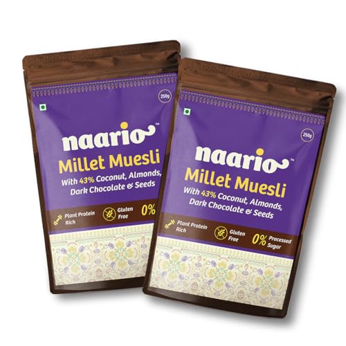 Image of Naario Chocolate Millet Muesli | Jowar-Based Gluten-Free Breakfast | Zero Added Sugar | Low GI | Diabetic Friendly | Keeps Full 4 Hours | No Oats No Wheat | Ready in 2 Min | 500g