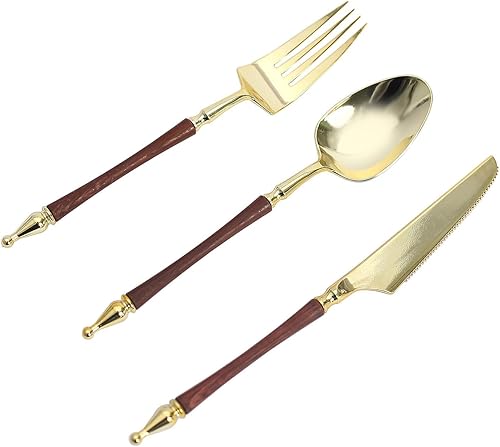 Miniatura 7 de Efavormart - Juego de 24 utensilios de plástico europeo con purpurina doradamarrón con mango de columna romana, tenedor, cuchara y cuchillo