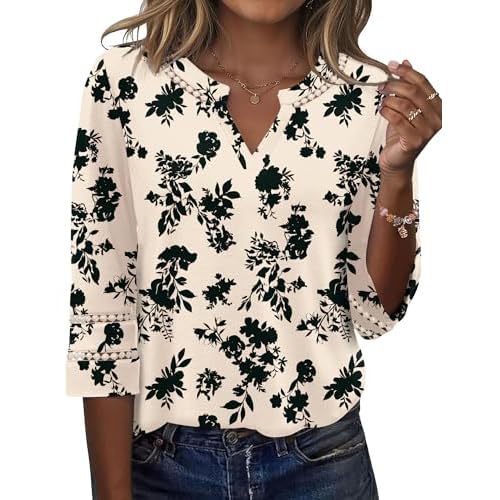 Ivicoer 3/4 Length Sleeve Womens Tops V Neck Lace Embroidered Summer Blouses Loose Fit Tunic Dressy Casual