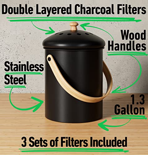 Hb Design Co. KCB-BLACK Compost Bin Kitchen Counter - 1.3 Gallon Black Stainless Steel Kitchen Compost Bin thumb #1