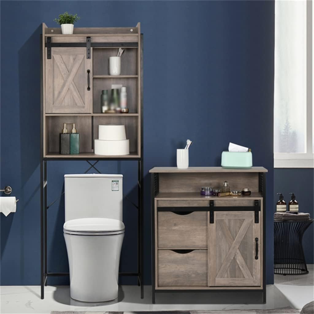 Iron Frame Sliding Door Three Shelves Bathroom Cabinet Vintage Style MDF with Triamine (Color : E, Size : As Shown) (E As Shown)