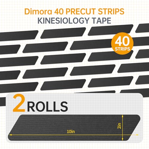 Image of Dimora Kinesiology Tape, 40 Count Precut Strips 2 Rolls, Original Cotton, 10 inch Elastic Athletic Tape for Muscle Pain Relief and Joint Support, Black