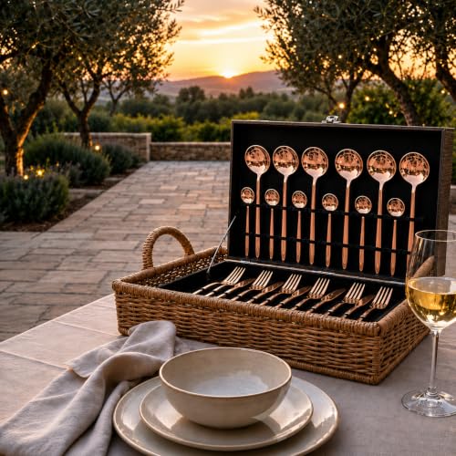 Image of 24-Piece Rose Gold Stainless Steel Cutlery Set with Premium Storage Textured Plastic Box | Mirror Finish Flatware for 6 | Dinner Spoons, Forks, Knives & Teaspoons | Luxury Gift Set