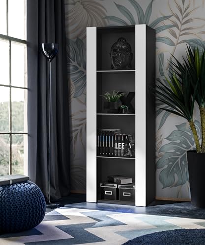 Komodee Vitrine Armoire Tivoli, Noir/Blanc, Largeur 55cm x Hauteur 159cm x Profondeur 35cm, sans LED, 3 étagères en Verre, pour Salon, Chambre, Entrée
