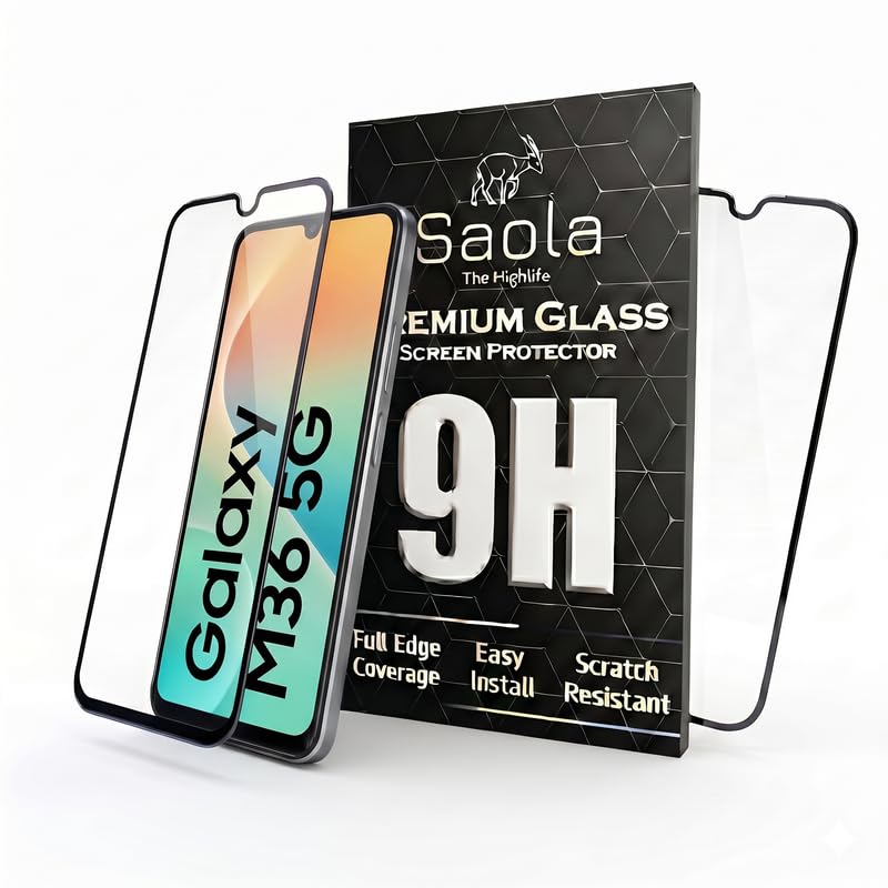 Image of Saola HD+ Oleophobic Tempered Glass For Samsung Galaxy M36 (Pack Of 2) with Free Installation Kit. Full screen Coverage. Free Replacement If Received Damaged - 6.7 inch