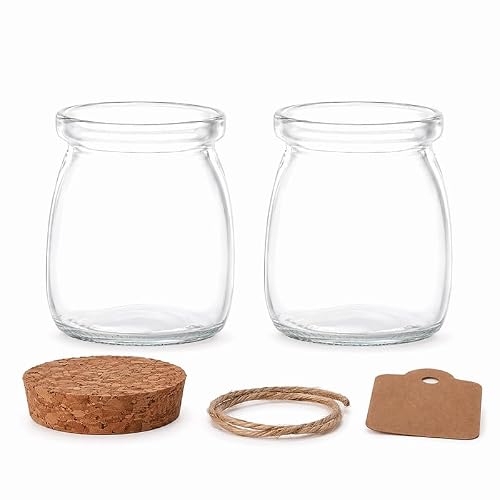 BloomLiving Gläser 100ml mit Korkdeckel,20 Pack Kleine Glas Geschenk Glasflaschen, Small Glass Favor Jars Bottles mit Etikett,Hanfseil & Abdeckung,Pudding Gläser für Joghurt Pudding Hochzeitsgeschenke