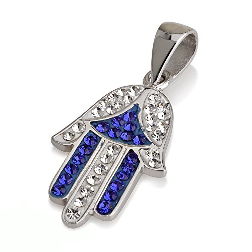 Collier argent 925 Hamsa pendentif cristaux blanc bleu