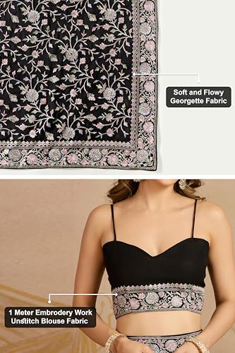 Image of TRENDMALLS Women's Georgette Multi Colour Resham Thread Embroidery with Siroski work Saree with Unstitched Blouse Piece