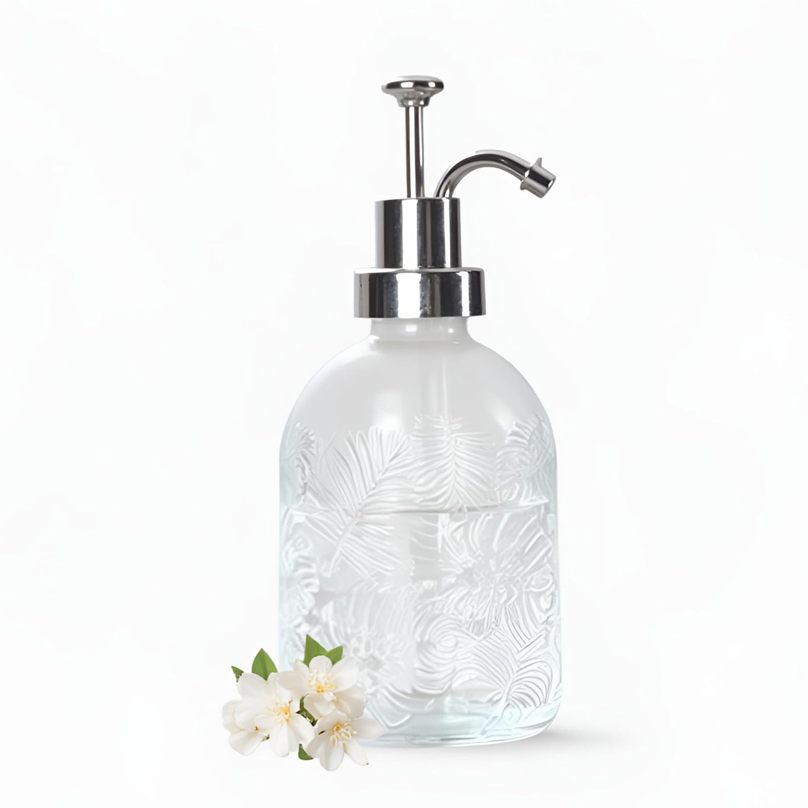 Glass Pump Soap Dispenser, 350ML Kitchen Hand Soap Dispenser Sour Cream Dispenser Rustproof Pump Dispenser for Kitchen Bathroom ((Maple Leaf Pattern