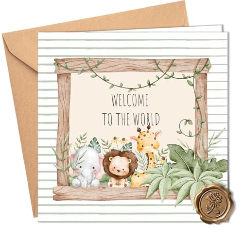 Cute Safari New Baby Card Baby Boy Card and Baby Girl Card Welcome to the World Design Stylish Greeting Card with Envelope and Embossed Seal Sticker Perfect New Baby Gift 145x145mm